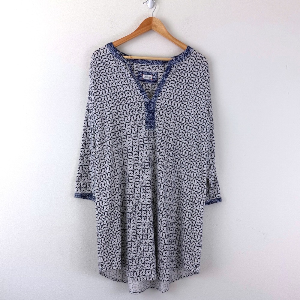 Lucky Brand Women XL Navy Blue Geometric Medallion Split Neck Boho Slub Knit 3/4